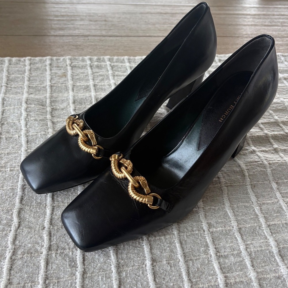 Tory Burch Black Leather Jessa Block Heels Size 9 gold snake hardware